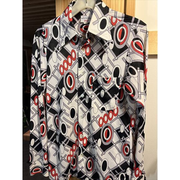 Enro Vintage Men’s M Gray Red Abstract Long Sleeve Button Down Nylon Disco Shirt - Picture 8 of 12